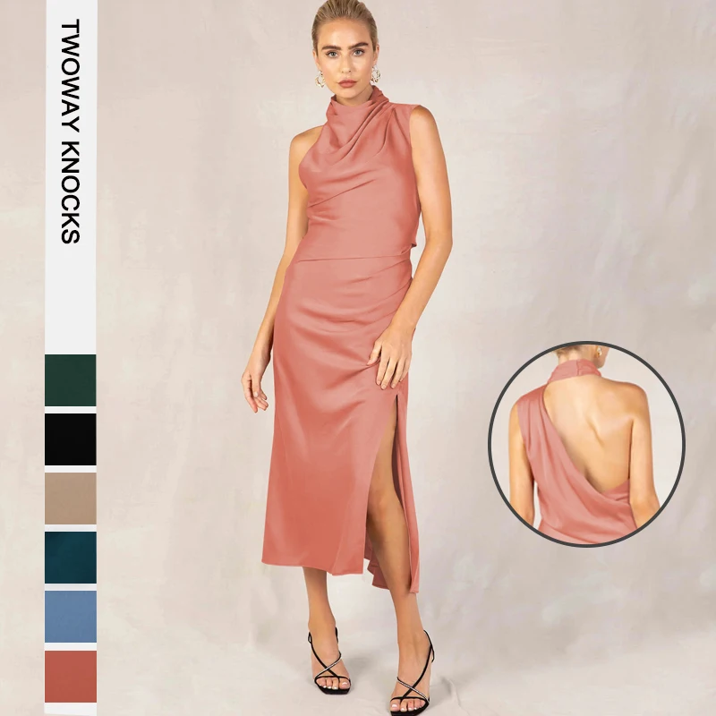 

Women Satin Dresses Summer Fashion Luxury Hanging Neck Sexy Evening Party Sleeveless Off Shoulder Elegant Maxi Split Long Dress