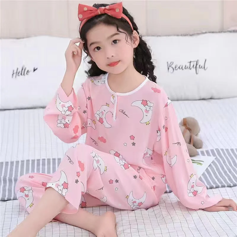 Summer Children's Cotton Silk pajamas Boys And Girls Home Clothes Baby Long-sleeved + Trousers Two-piece Kid's Brethable Suit cute pajama sets	