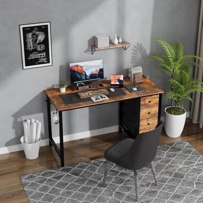 47 inch Computer Desk with 4 Fabric Drawers, Reversible Writing Work Study Desk for Home Office Bedroom, Modern Simple 2