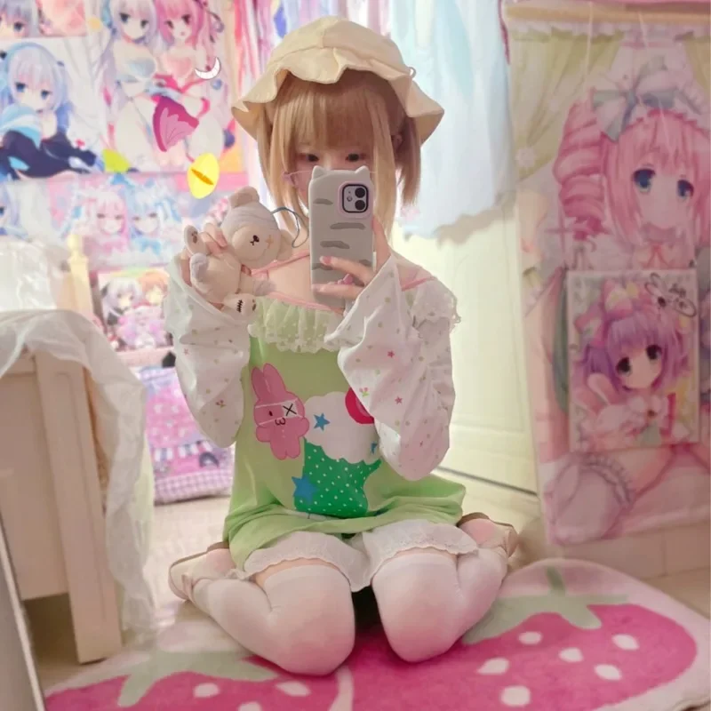 Sweet Kawaii Cartoon Print Women T-shirt Loose Casual E-girl Contrast Color Cute Graphic Tee Japanese Y2k Aesthetic Tshirts Tops 4