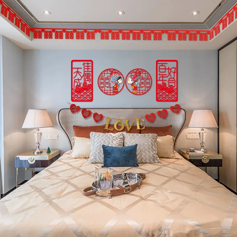 Chinese Wedding Wall decals Red Wall Stickers Non-Woven Fabric Door Stickers Bedroom Living Room Decoration Home Decor