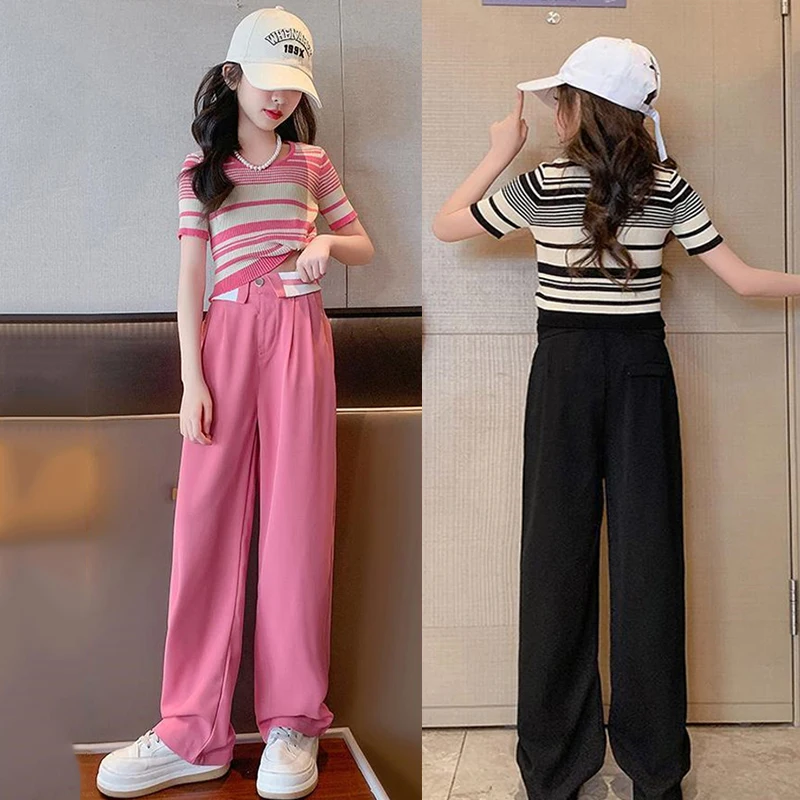 Girls Summer Casual Set Kids Spring Fashion Suits Children Striped T-Shirt+Wide Leg Pants 2Pcs 2024 New Teenager Trends Clothing