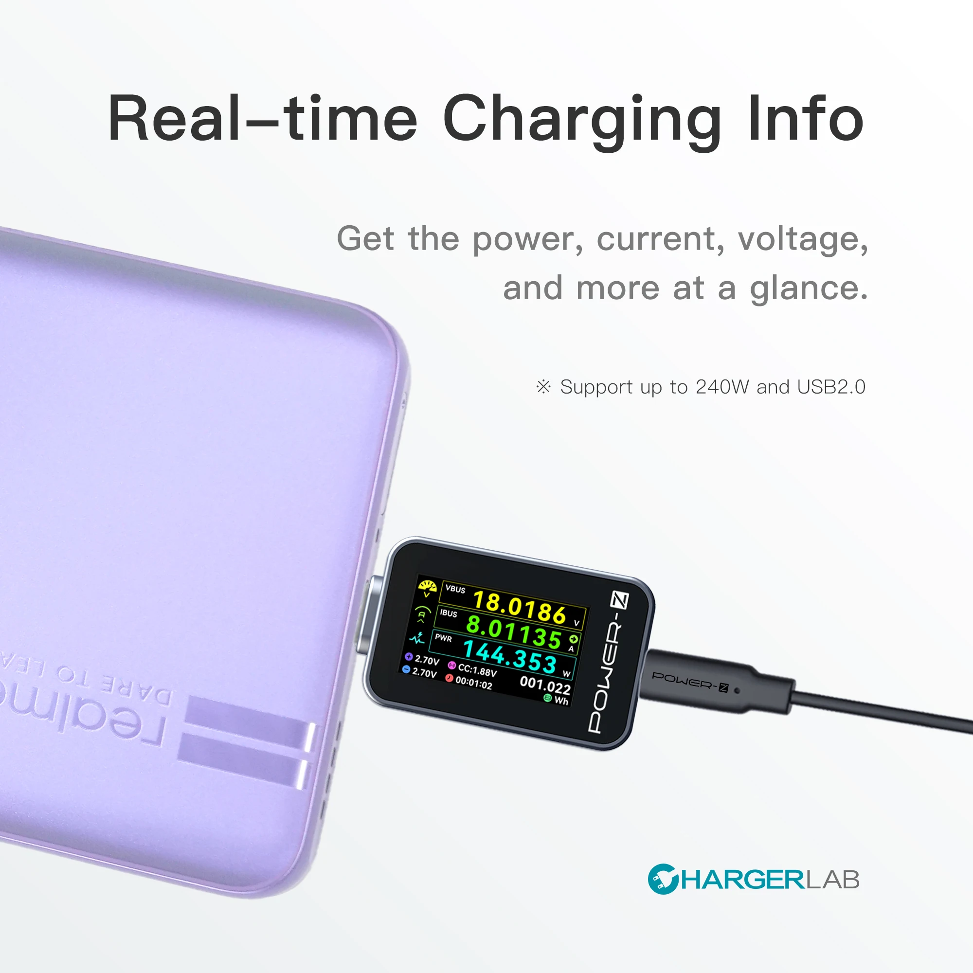 파워-Z C240 유니버설 USB-C 기기 충전기 테스터, 실시간 충전 정보 모니터링 OLED 디스플레이 240W 4.5V-50V 충전기 테스터