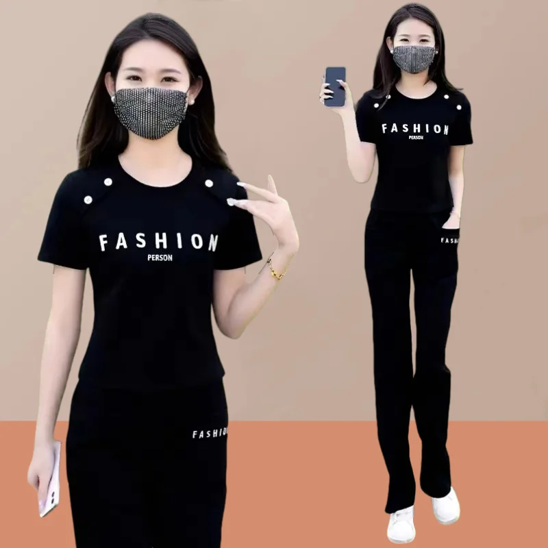 Leisure Sportswear Set for Women's Spring and Summer 2024 New Pink Short Sleeved T-shirt Wide Leg Pants Two-piece Set