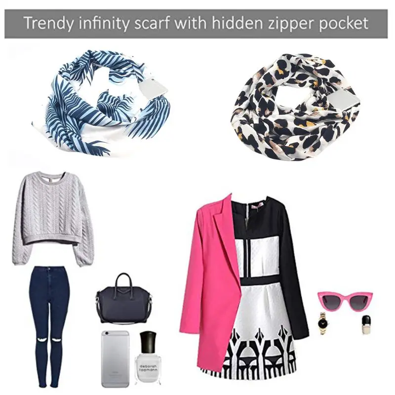 

Womens 180x50cm Double Layer Zipper Pocket for Infinity Loop Scarf Blendi