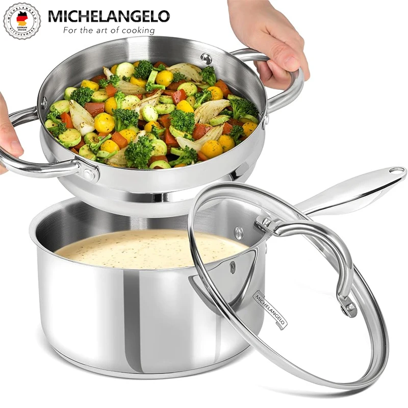 MICHELANGELO Set di padelle per salsa, ultra antiaderenti da 1 qt, 2 qt e 3 qt, set di pentole per salsa con coperchio, set di pentole antiaderenti in ceramica, set di pentole
