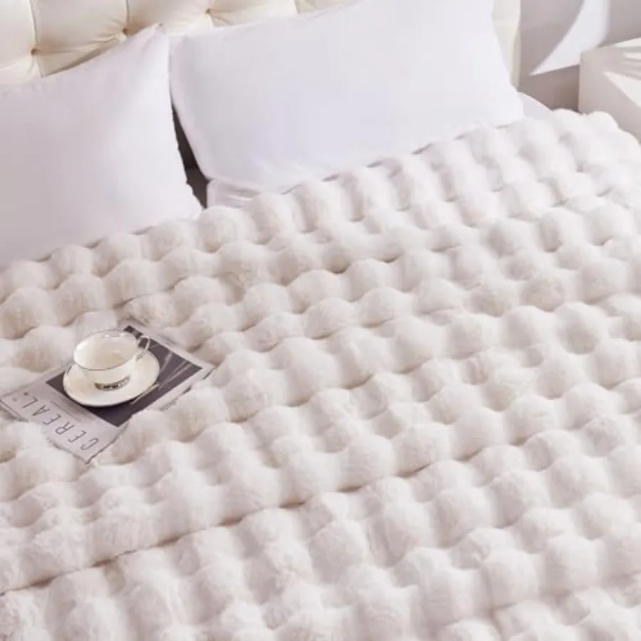 Cozy Faux Rabbit Fur Electric Blanket Throw 50'' x 60'' with 10 Heat Levels and 1 2 4 6 8 Hours AutoOff Timer for Living Room B