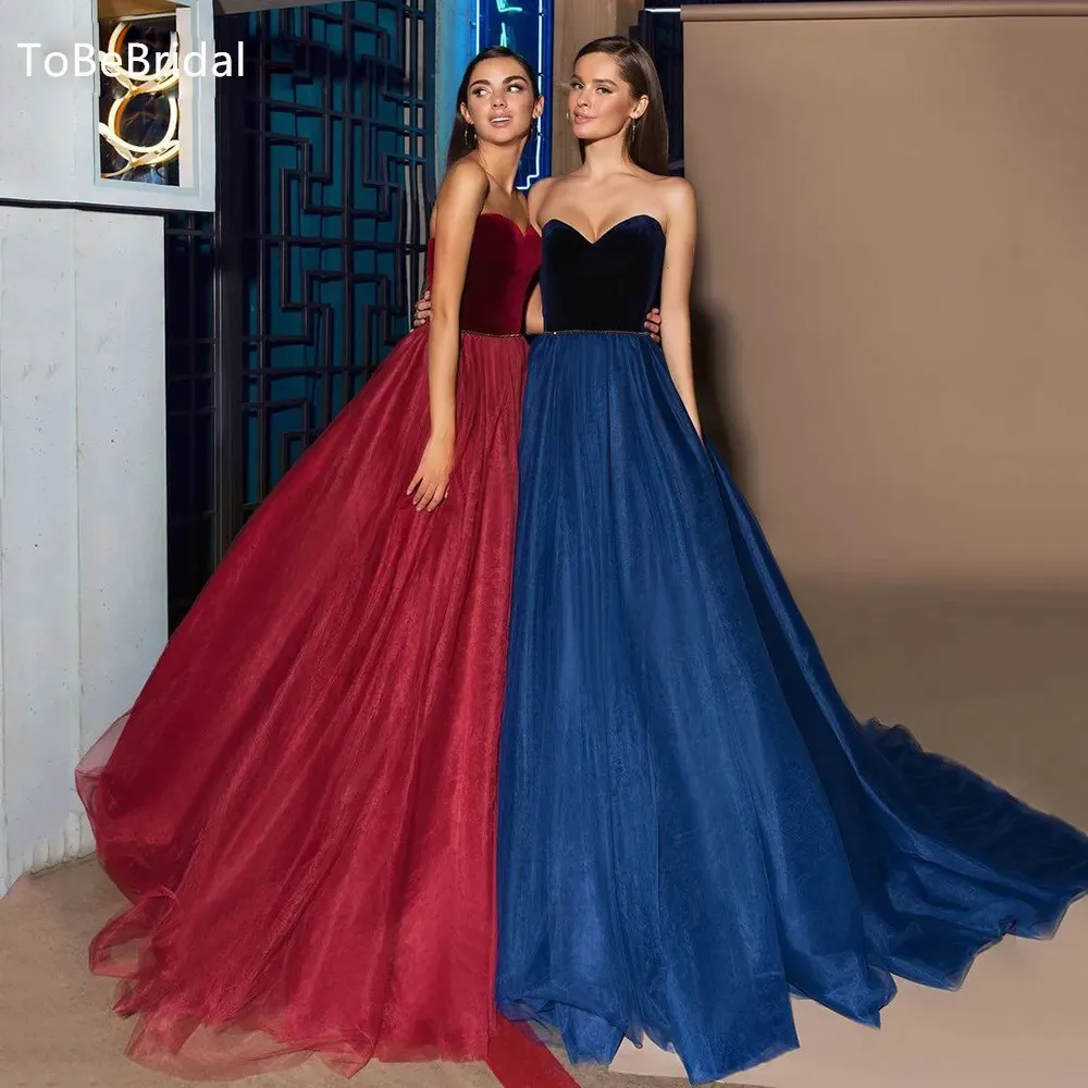 

Elegant Strapless Long Prom Dress Sweetheart Neck Velvet Chest Open Back A-Line High Waist Party Long Dress Vestidos De Noche