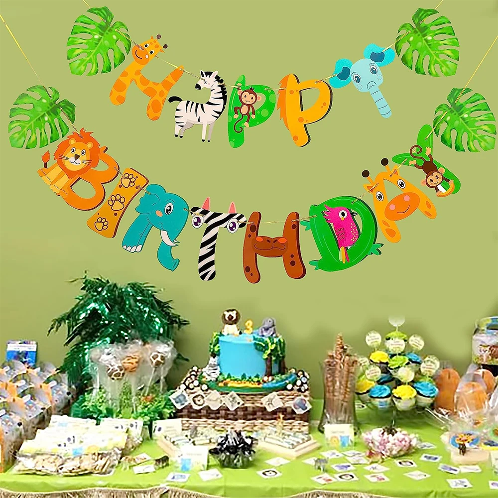 Ali's Creationz Decorazione Compleanno Safari Jungle - Banner Buon Compleanno E Portafoto Con 13 Card Animali