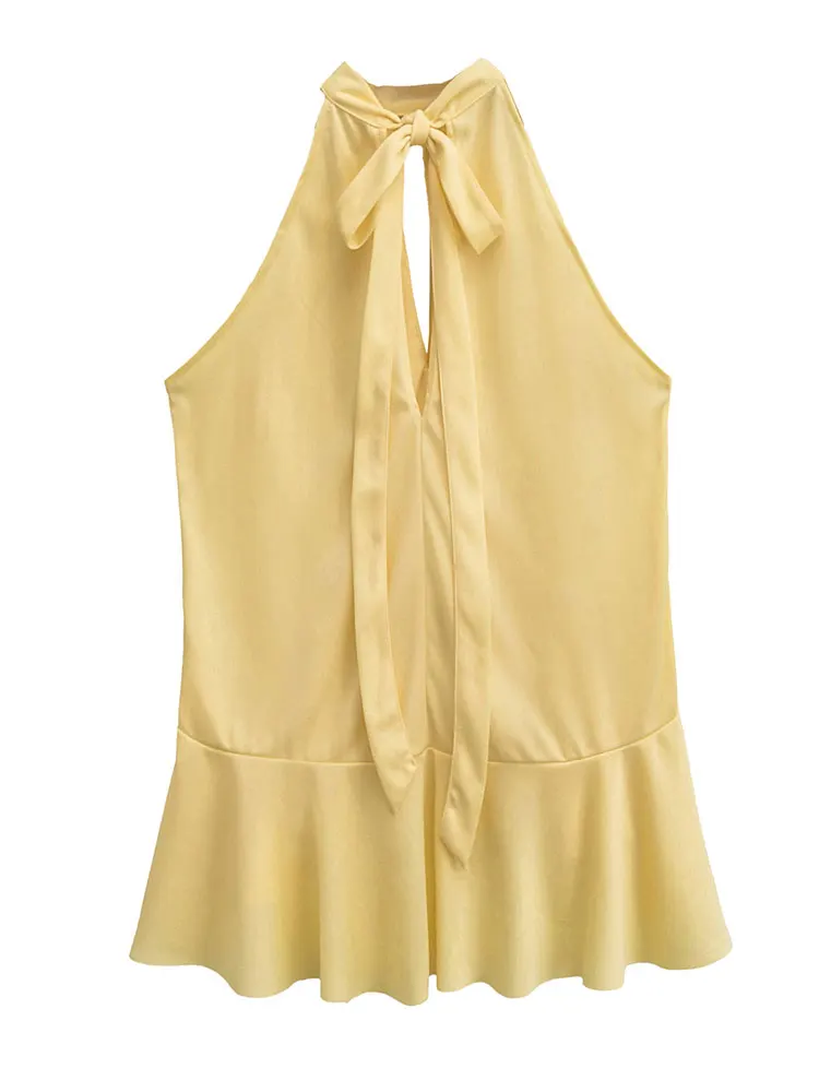 HH Women Elegant Yellow Ruffle Halter Tops Off Shoulder Sleeveless Back Lace-up Vests Tops 2025 Summer Casual Holiday Wear