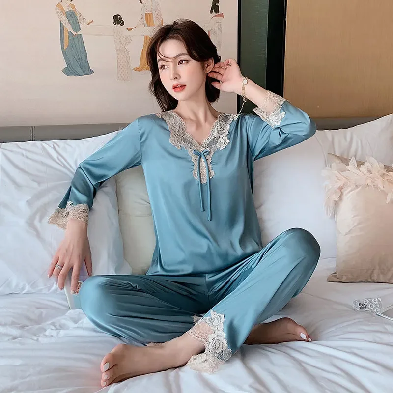 Pajamas Set Men Women Fall Summer Ice Silk Couple Sleepwear Large Size Imitation Silk Loungewear Suit