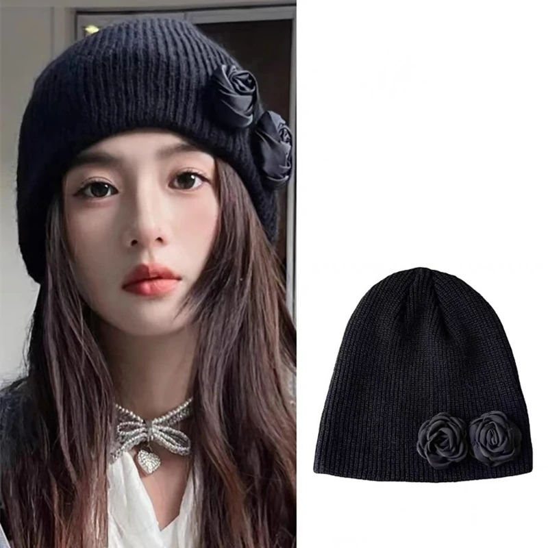 

Trendy Black Rose Flower Hat Women Autumn Winter Knitted Beanie Cap Y2K Cool Girls Gothic Solid Color Warm Hat for Any Occasion