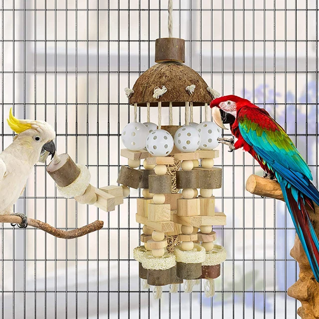 Hanging Wooden Blocks String Tearing Health Bird Parrot Cage Chewing Accessories Grinding Wooden Rest Holder Toy Pet Supplies 3