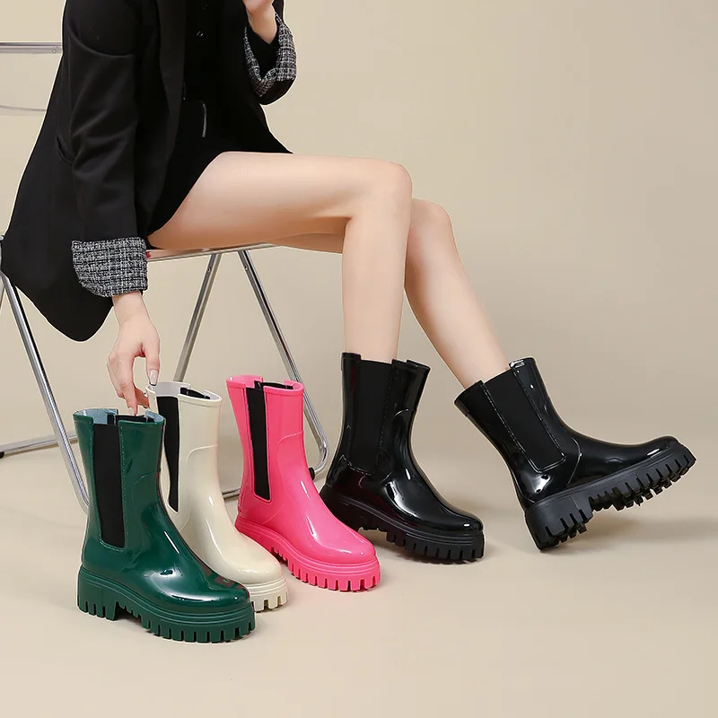 2023 Women Mid-calf Motocycle Rain Boots Thick Bottom Platform Water Shoes Non-slip Wellies Boots Multi Colors