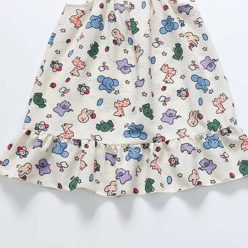 계절 어린이 홈웨어 여아용, 통기성 부드러운 잠옷, 귀여운 동물 패턴, 실내 레저 슬링 원피스