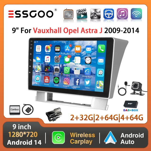 ESSGOO 9 "autoradio Android 14 pour Opel Astra J 09-14 Buick Excelle Verano 10-15 lecteur multimédia Navi GPS Carplay Android Auto 1