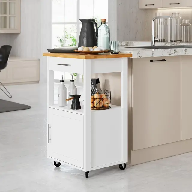Mobile Kitchen Island Cart with Storage, Wheels, Cabinet and Drawer for Dining Room in White