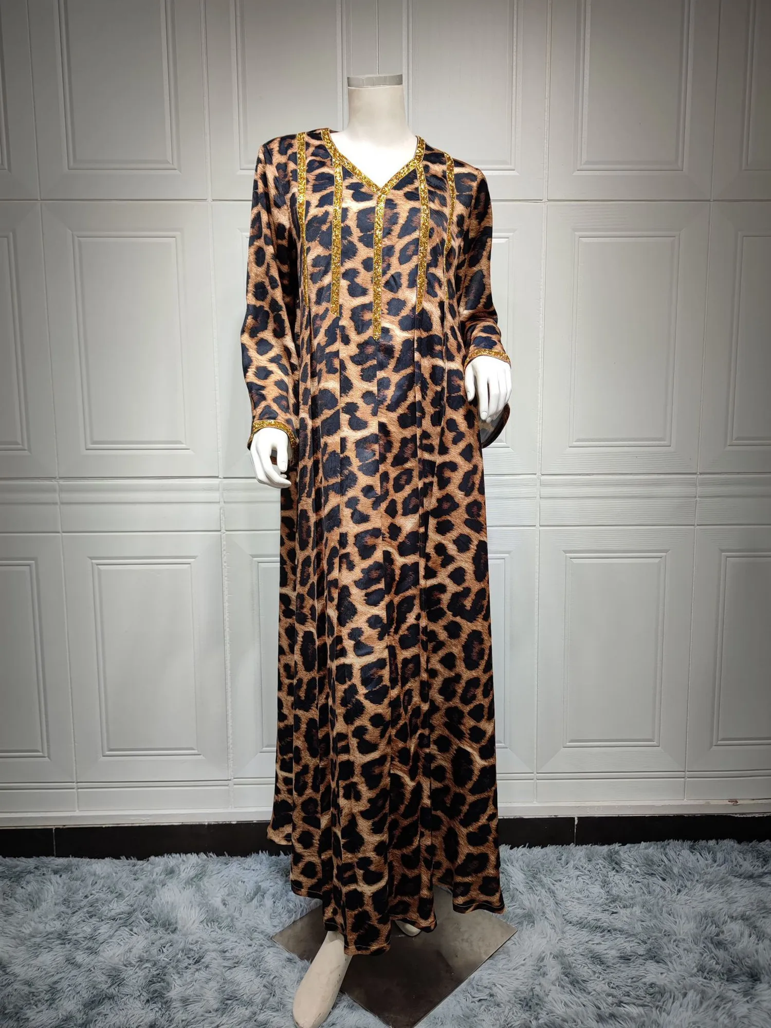 Leopard Print Long Dresses Dubai 2023 Abaya Women Kaftan Diamond Loose Dress Femme Muslim Clothes Jalabiya Ramadan Arab Vestidos
