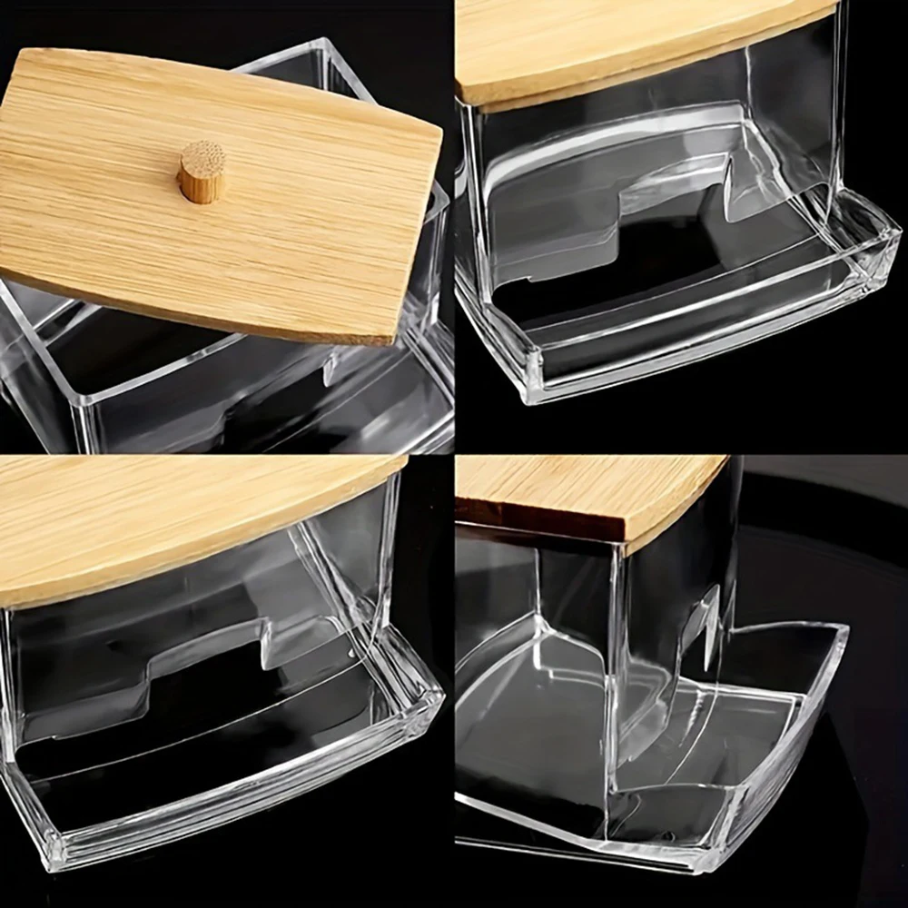 Storage Box 1 Household Cotton Swab Acrylic Square Bamboo Cover Suitable For Bathroom Bedroom Transparent