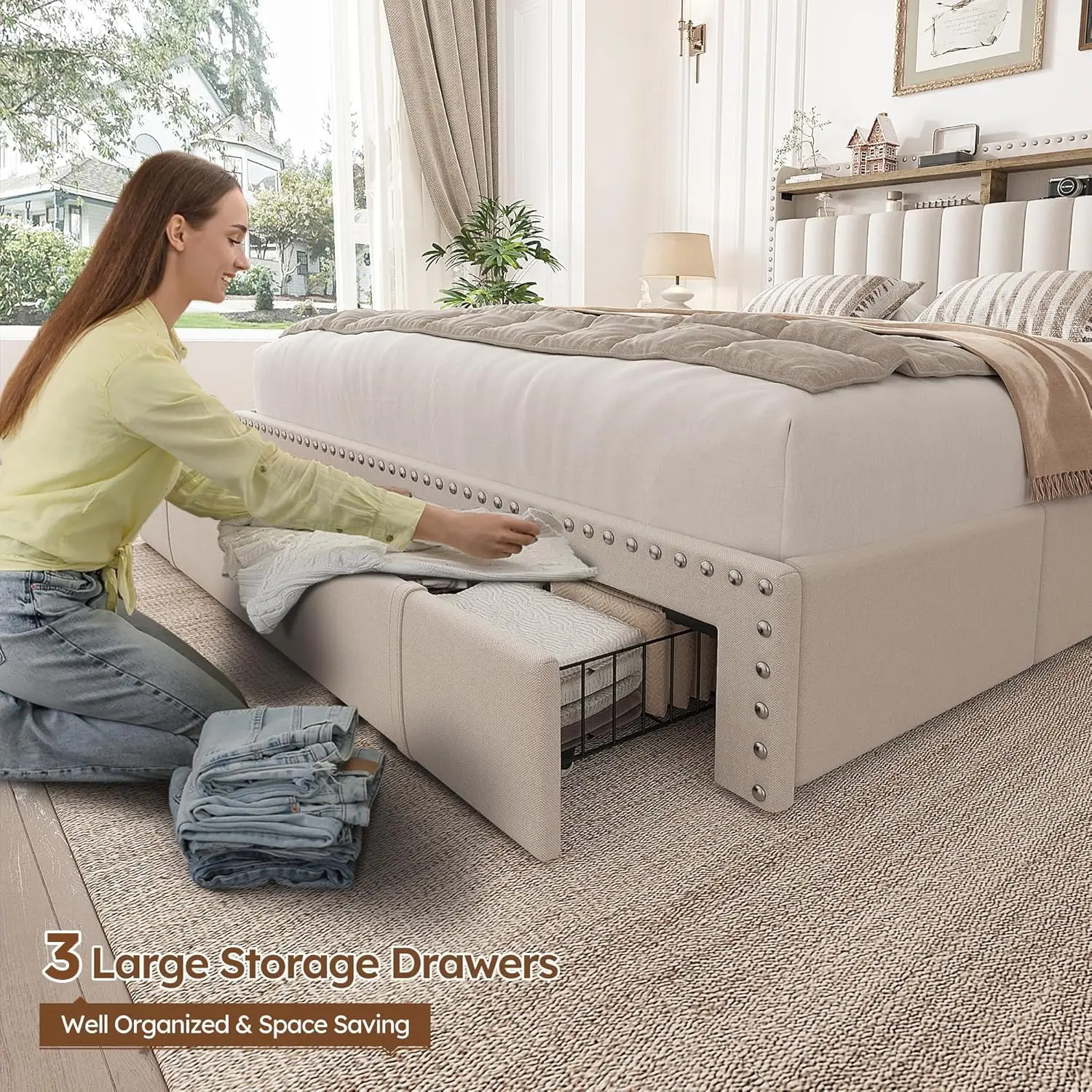 Full Size Bed Frame with 3 Storage Drawers,Upholstered Full Size Bed Frame with Headboard,Strong Support with Wooden Slats Beige 5