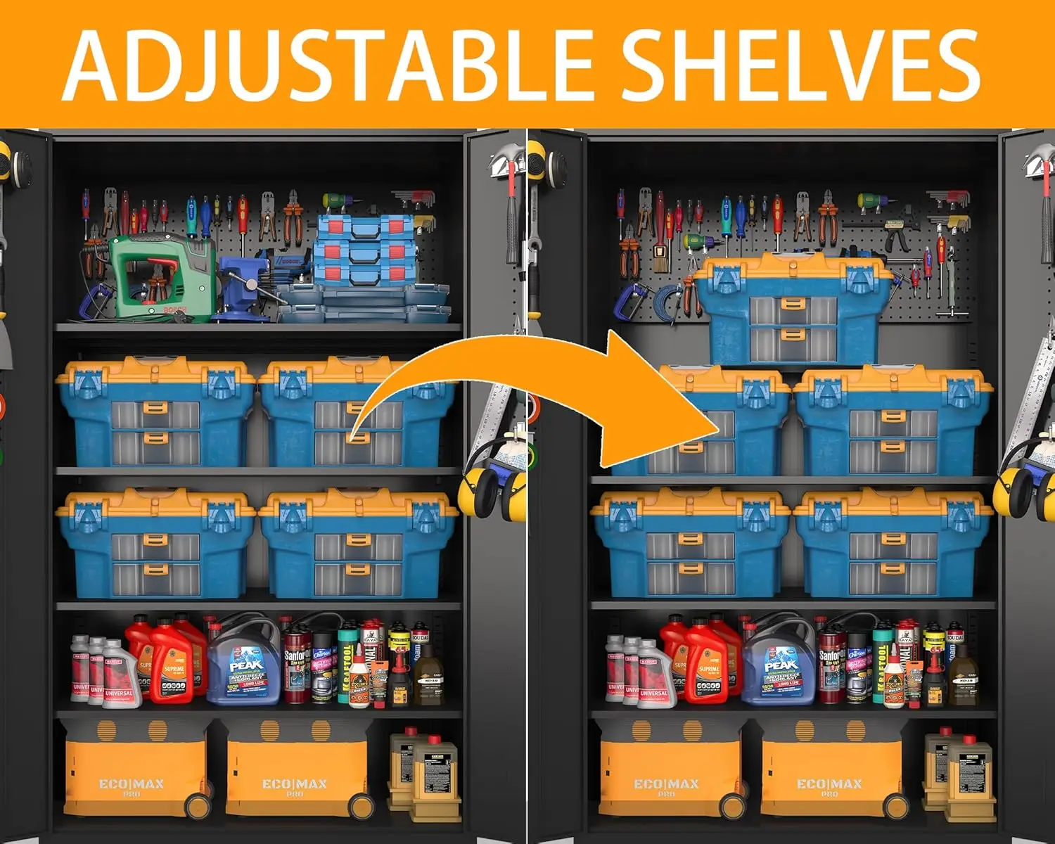 Upgraded high and wide metal storage cabinet with doors and 4 adjustable shelves, equipped with wheels and nail boards 5