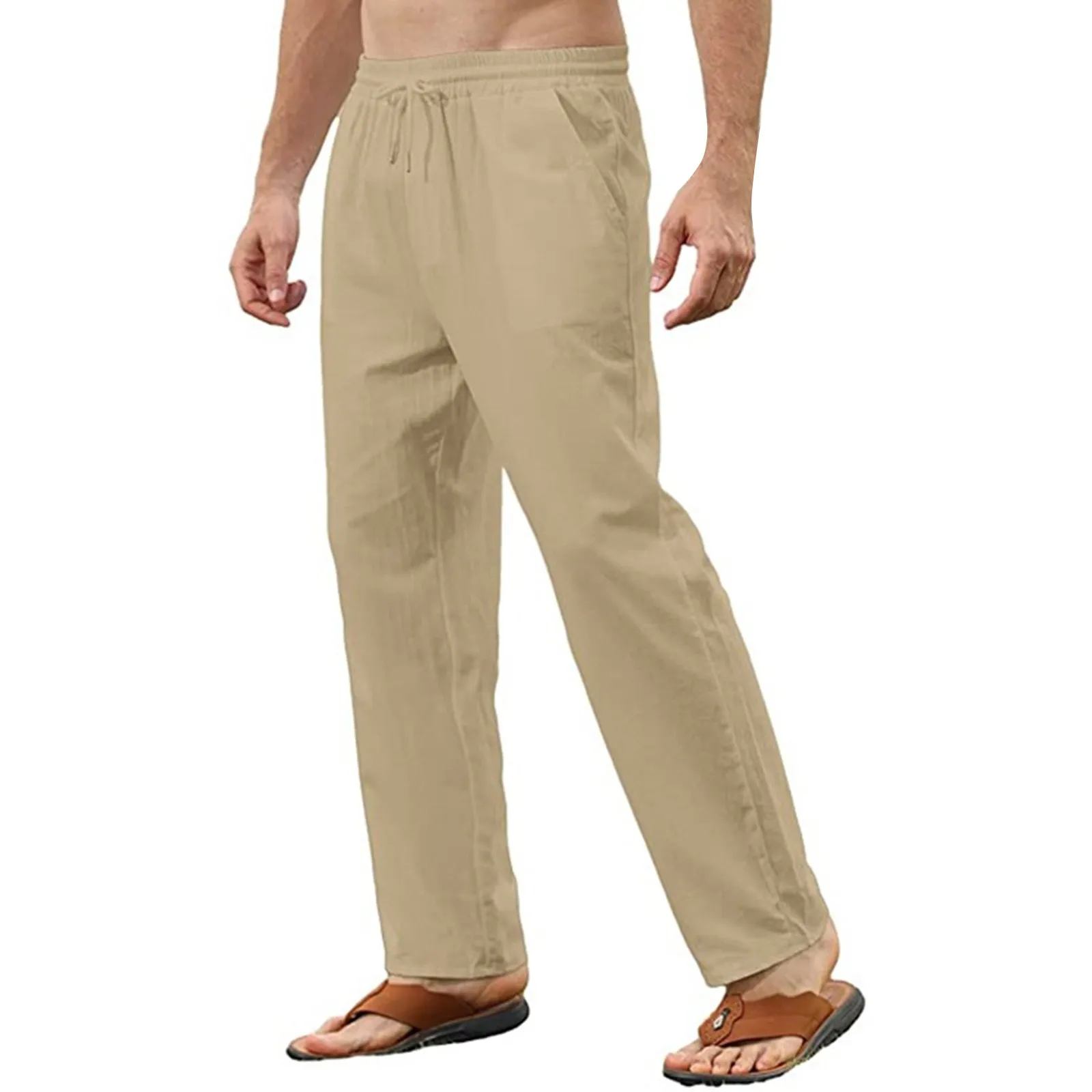 

Брюки мужские однотонные из хлопка и льна, Свободные Повседневные Легкие штаны с эластичным поясом, штаны для дома и улицы