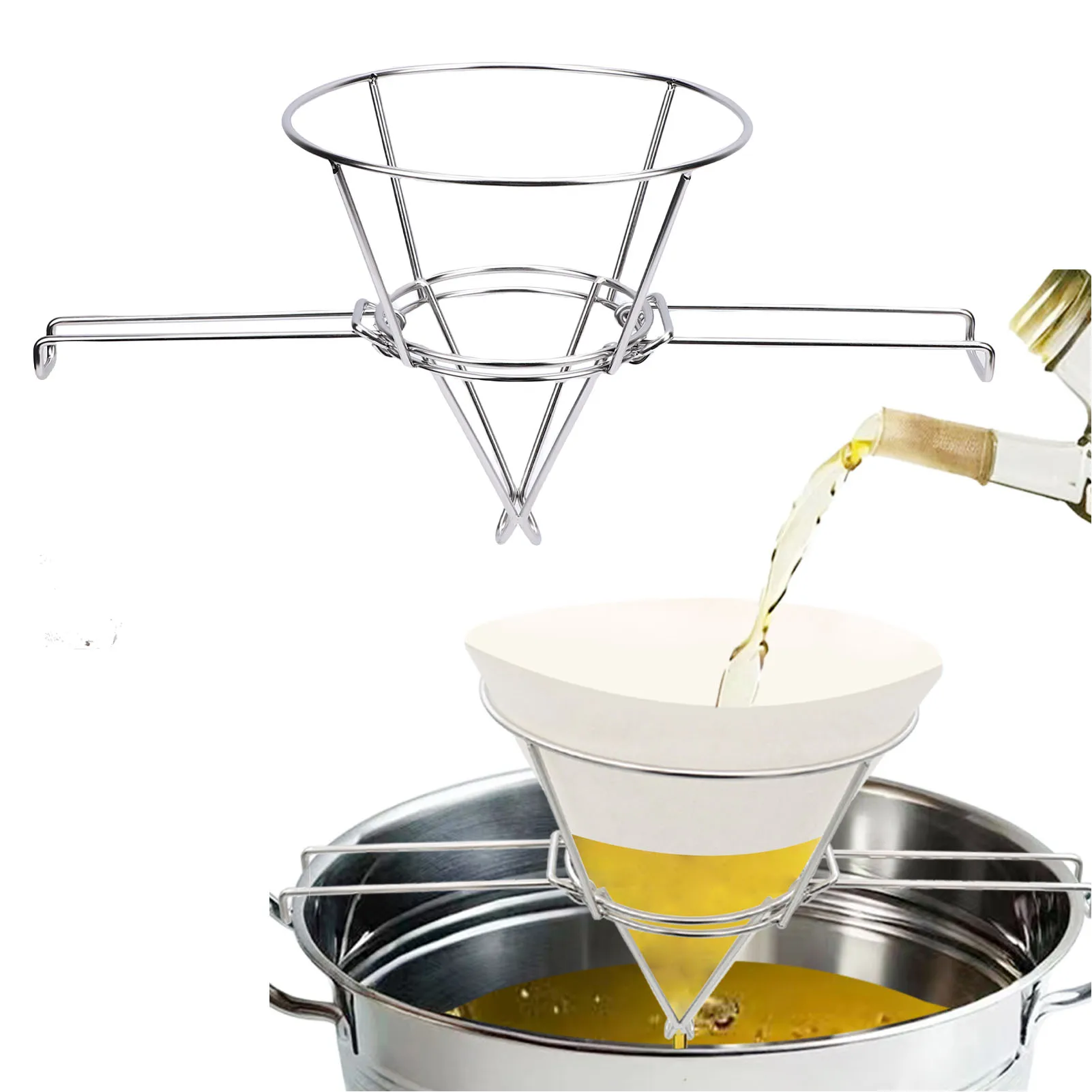Deep Fryer Oil Filter Stand 9.3 Inch 304 Stainless Steel Fryer Oil Filter Cone Holder Rack with Folding Arm for Kitchens