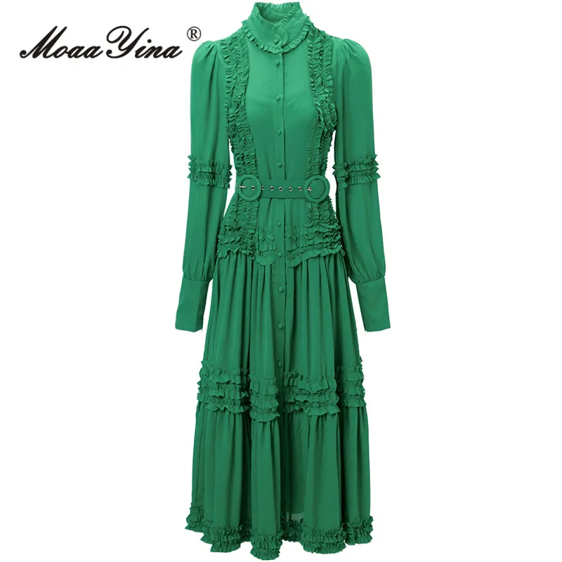 

MoaaYina Autumn Fashion Designer Green Vintage Dress Women's Stand Collar Button Ruffles Sashes Gathered Waist Slim Long Dress