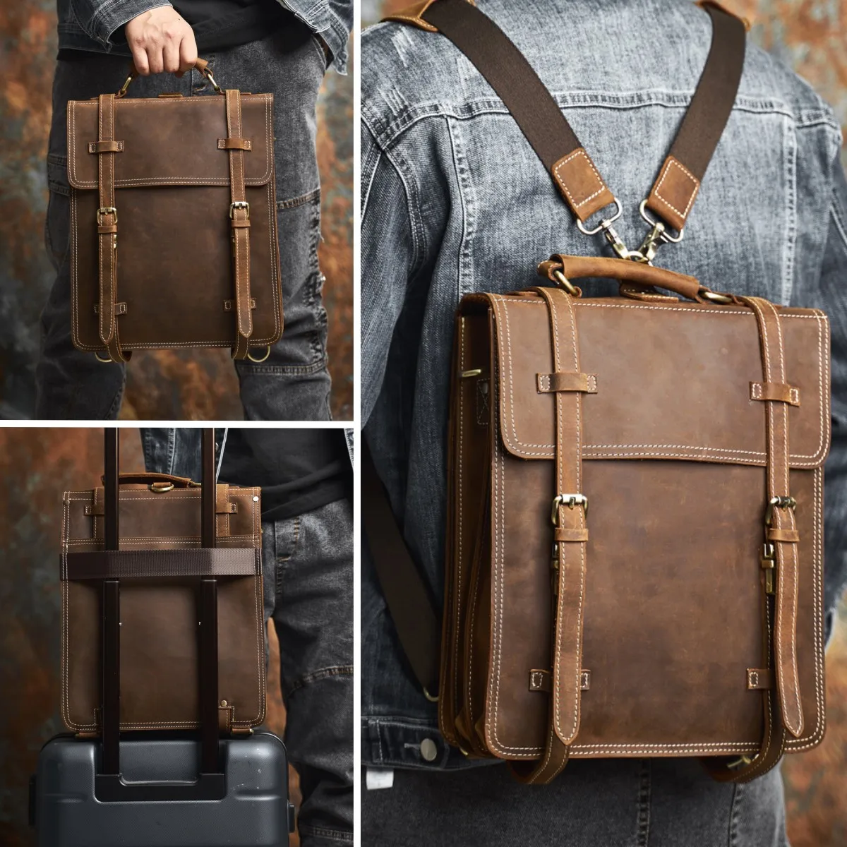 Genuine Leather Vintage NASVA Men's Backpack Crossbody Bag Handbag Satchel Messenger Bag  Leather Laptop Pouch 2