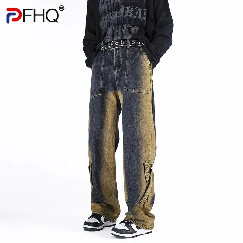 

PFHQ Men's Heavy Industry Dyed Washed Jeans High Street Contrast Color Design Handsome Avant-garde Denim Pants Spring 21Z4083