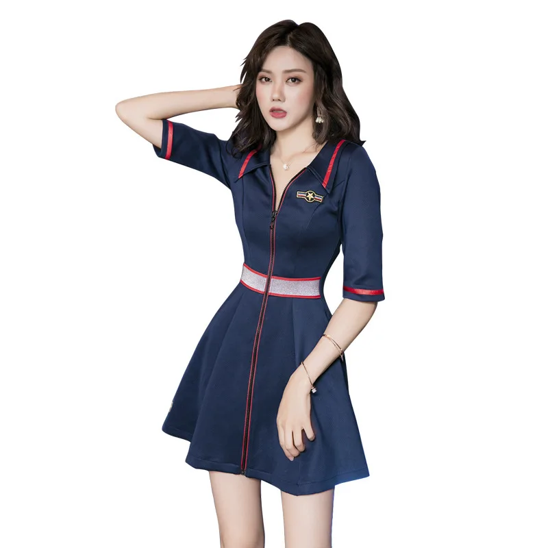 

Summer Solid Color Women's Waist Cinched Dress Sexy Mid Sleeve Zipper Umbrella Skirts Party Fashion Ladies Low Neck Tight Skirt