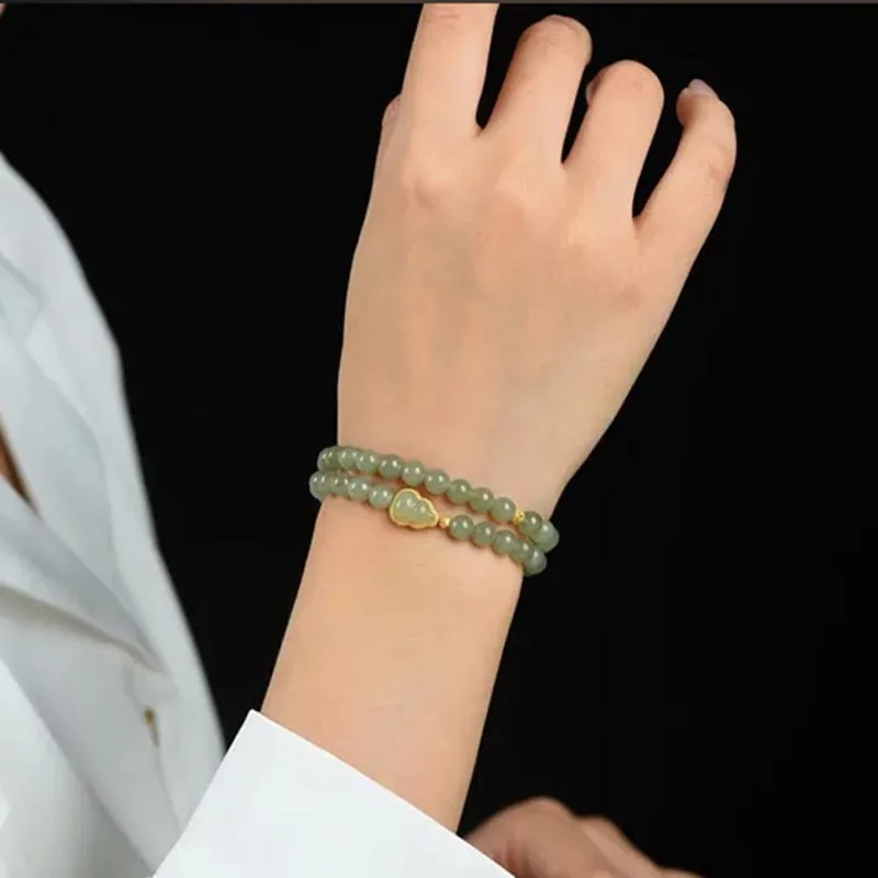 Mode Luxus Schmuck Perlen Armband Frauen Doppel Schleife Armband 6mm Silber Überzogene Gold Mit Handgemachte Einfache Natürliche Hetian Jade