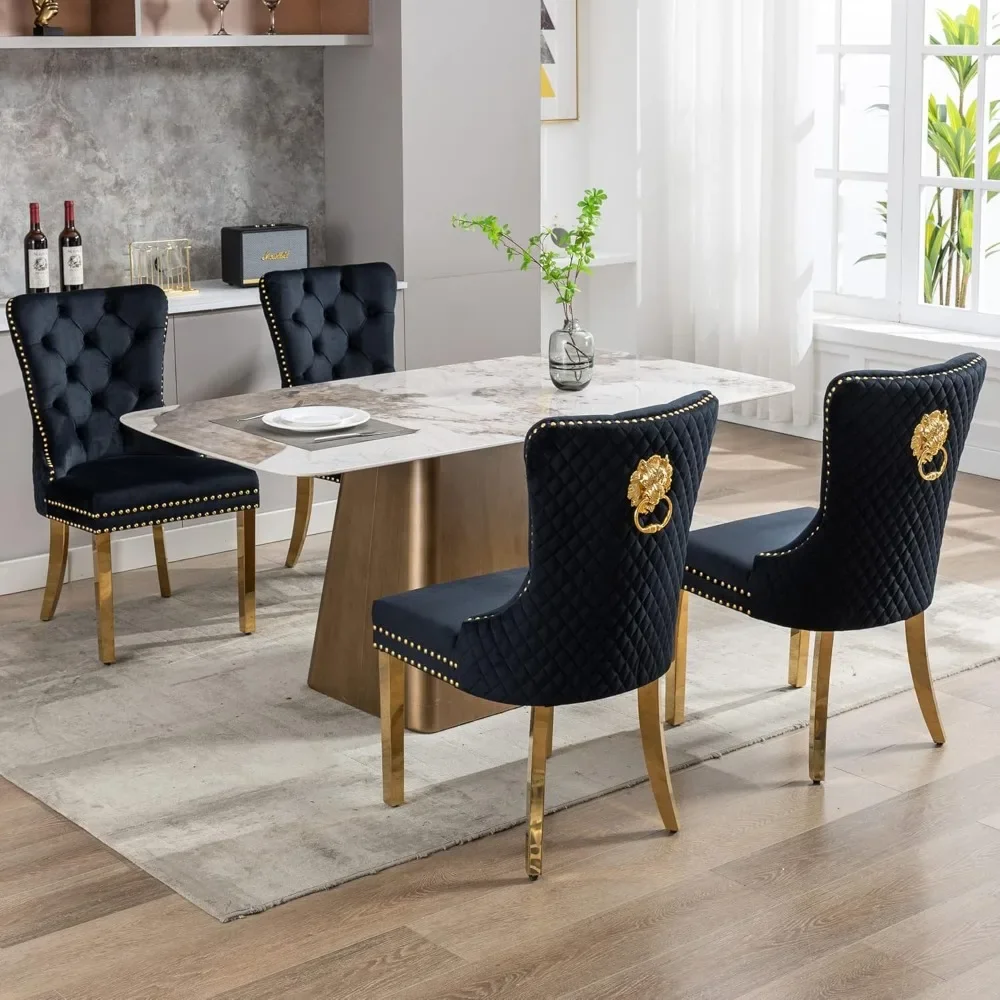 Velvet Upholstered Dining Chairs Set of 4, Modern Button Tufted Chairs with Lion Head Pull Ring and Stainless Steel Legs, Chairs 6
