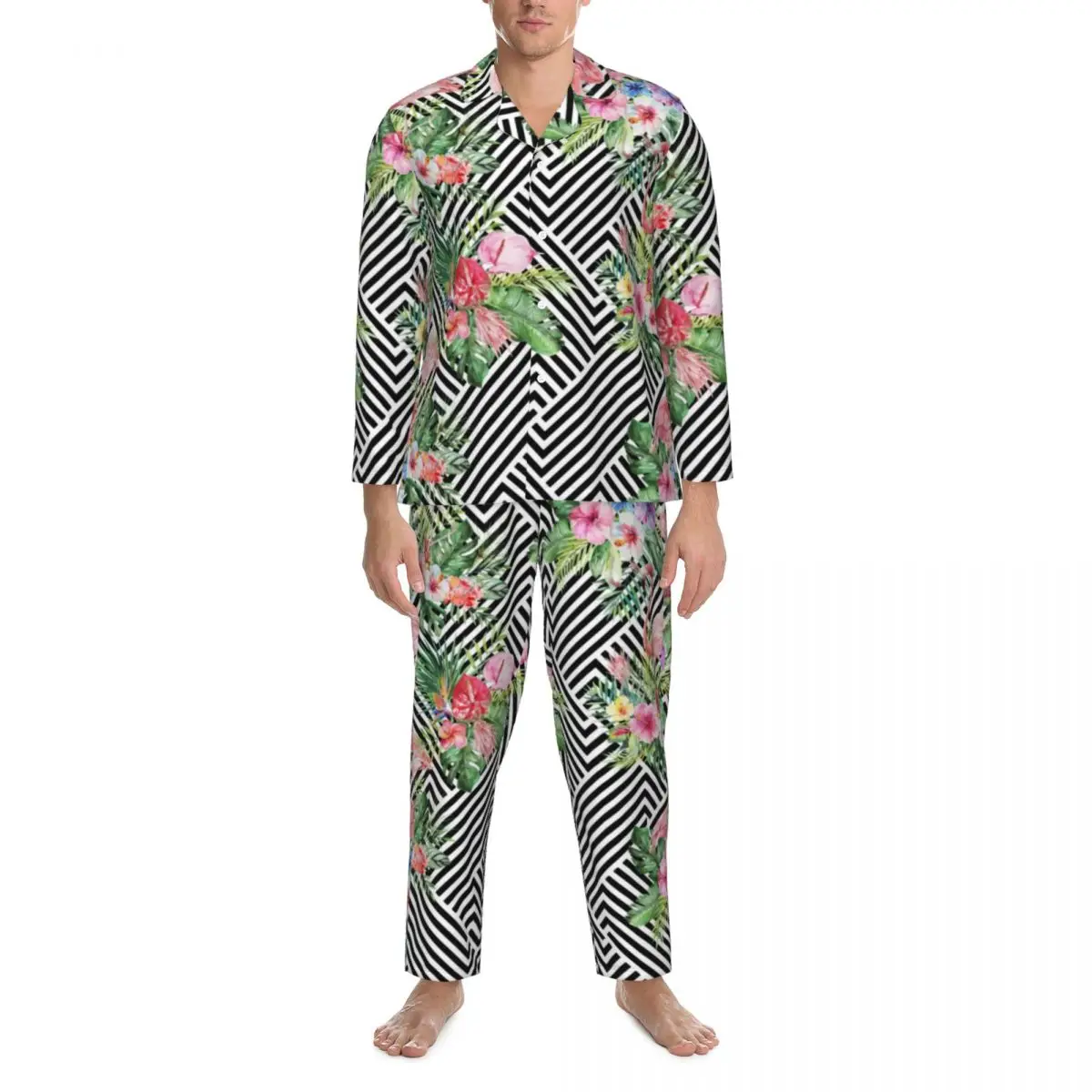 

Tropical Flamingo Pajamas Man Geometric Floral Print Lovely Daily Sleepwear Autumn 2 Pieces Casual Oversized Custom Pajama Set
