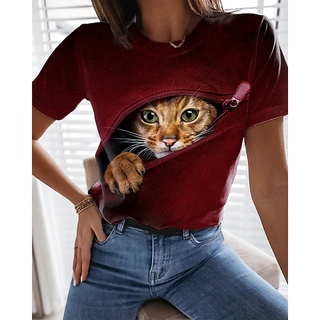 New  Printing Cute Cat/Cat Printing Female T-shirt Fashion Fitness Girl Short-sleeved Tops Fashion Casual Niche Design Clothing NUBP-4