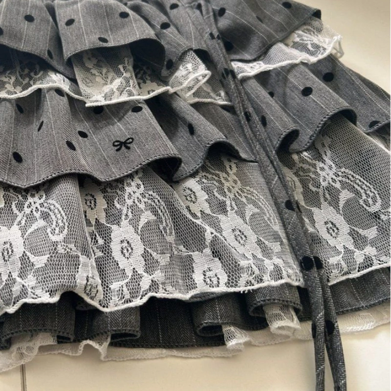 Y2k Harajuku Polka Dot Sweet Skirts Women Vintage Aesthetic High Waist Cake Mini Skirt Lace Patchwork Casual Bandage Kawaii Jupe 6