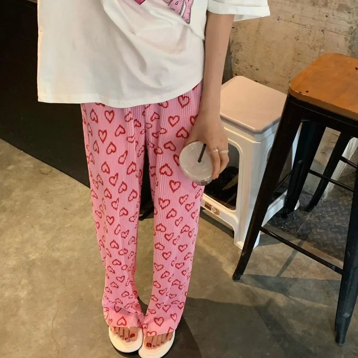 Chic Pink Print Folds Long Pants Elastic High Waist Wide Leg Pants Y2k Streetwear Casual Korean Fashion Summer Sweatpants Women