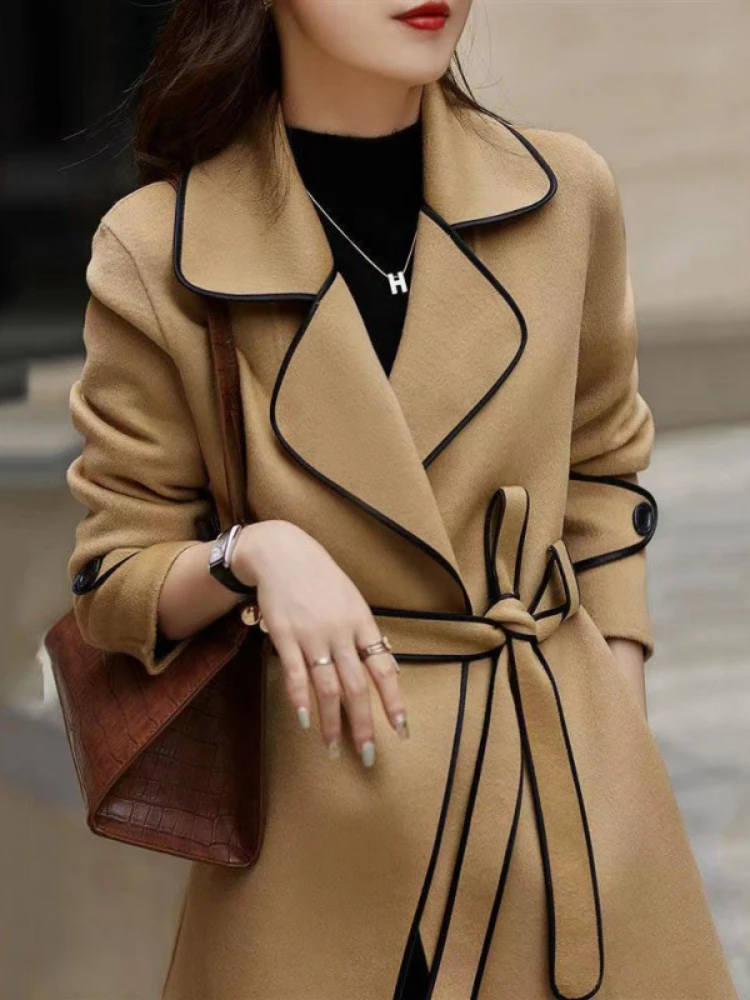 

Coats Woman Winter 2023 New Solid Color Loose Casual Woolen Coat Belted Long Sleeves Temperament Commute Elegant Woman Jacket