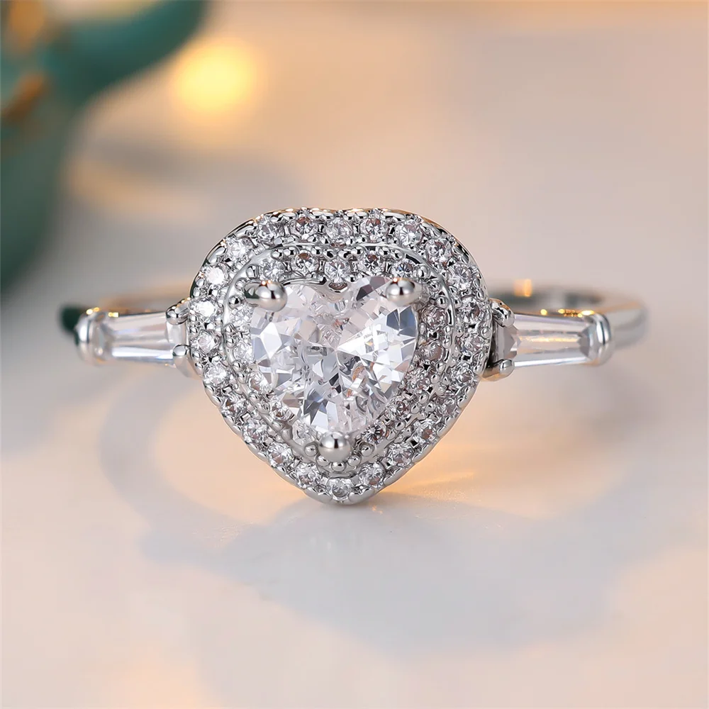 Trendy White Zircon Love Heart Stone Rings For Women Classic Silver Color Engagement Bands Wedding Jewelry Bridal Versatile Gift