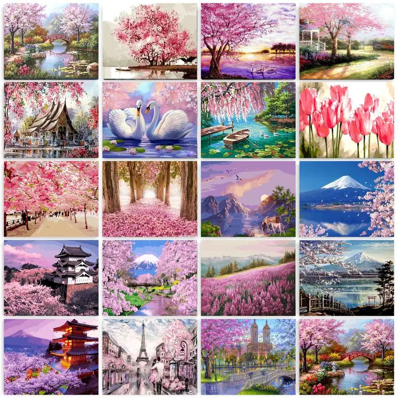 GATYZTORY DIY Oil Painting By Numbers Kits Sakura Scenery Paint By Numbers Picture On Canvas For Wall Art Picture Home Decor painting by numbers kits painting by numbers oil picture by numbers