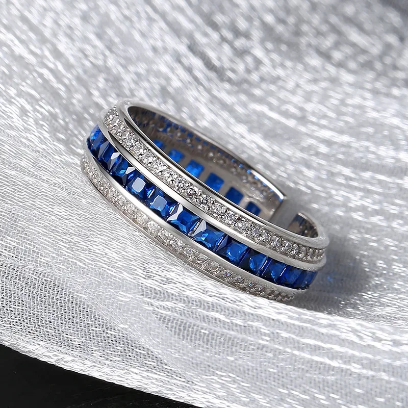 S925 sterling silver rings for Women New Fashion simple geometric pattern micro inlaid blue zircon punk jewelry free shipping