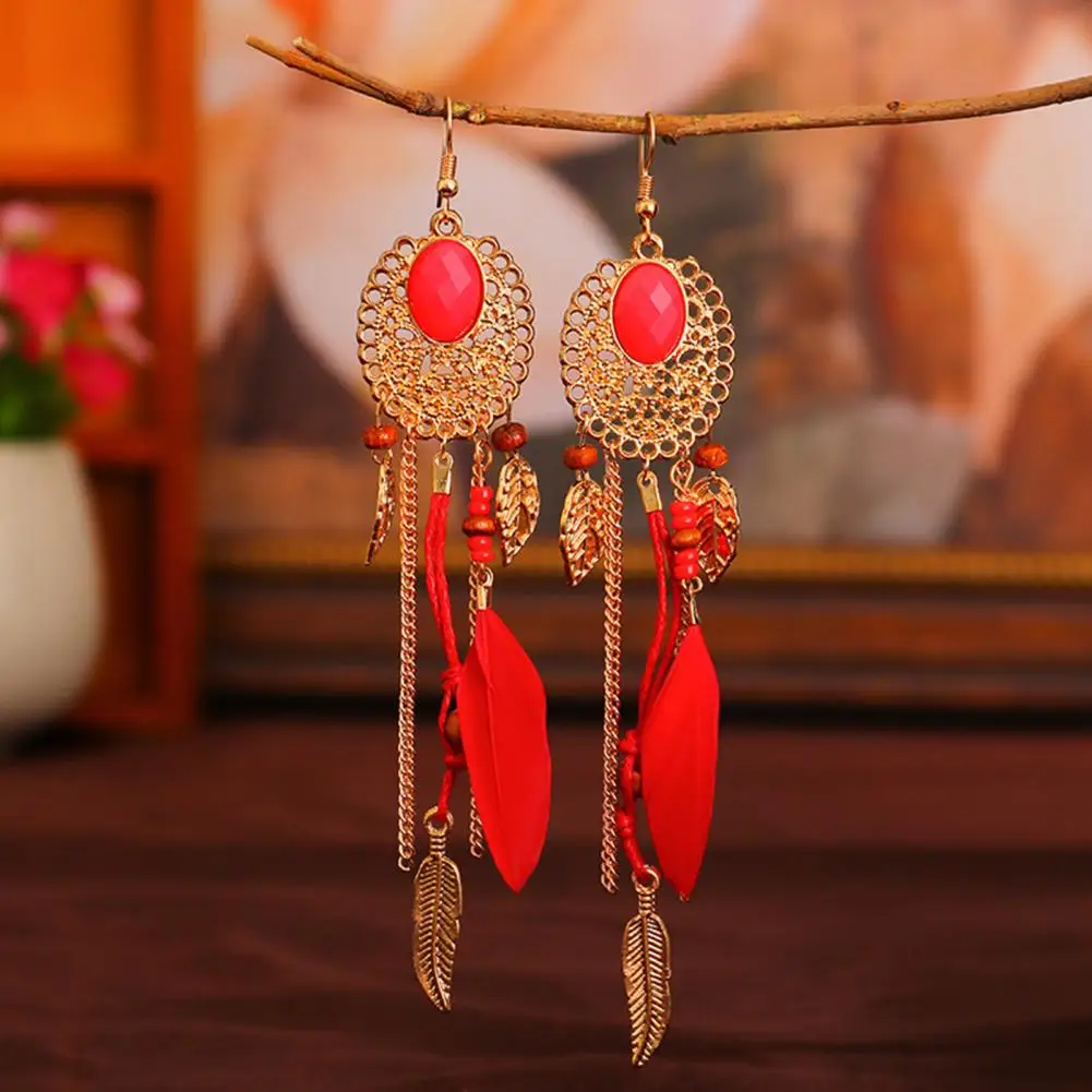 Long Tassel Earrings Bohemian Antique Leaves Feather Beads Decor Hollow  Design Alloy Drop Dangle Earrings Jewelry Accessories