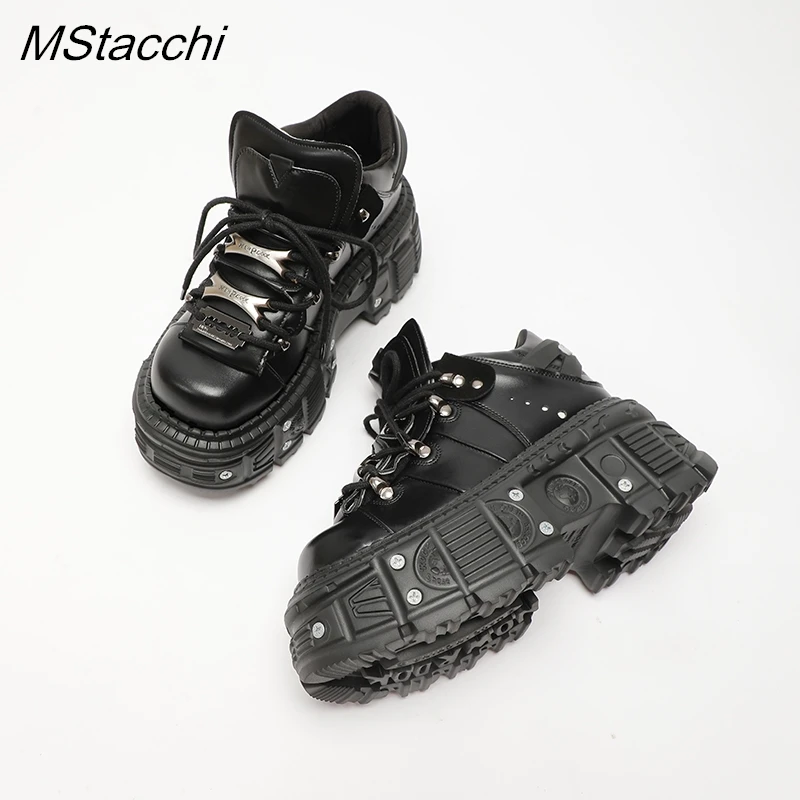 Gothic Women Sneakers Rock 6cm Platform Shoes Punk Style Metal Decoration Heel Height Lace-up Rivet Thick Bottom Leather Shoes