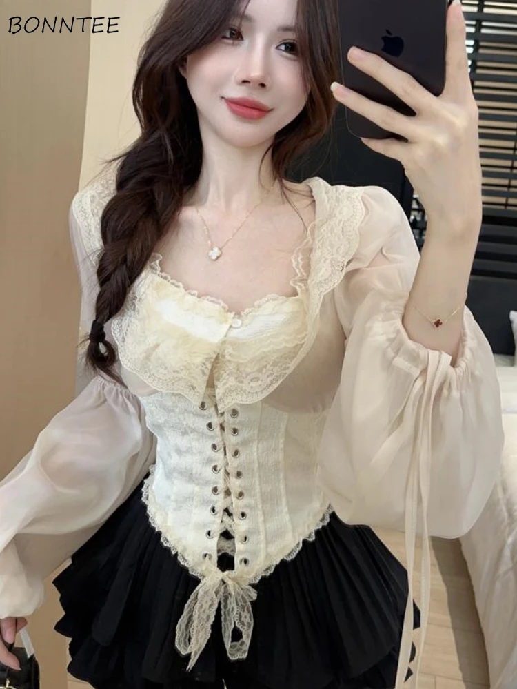 Solid Blouse Women Lace-up Crop Tops Spring Korean Style Vintage All-match Slim Fairycore Breathable Female Popular