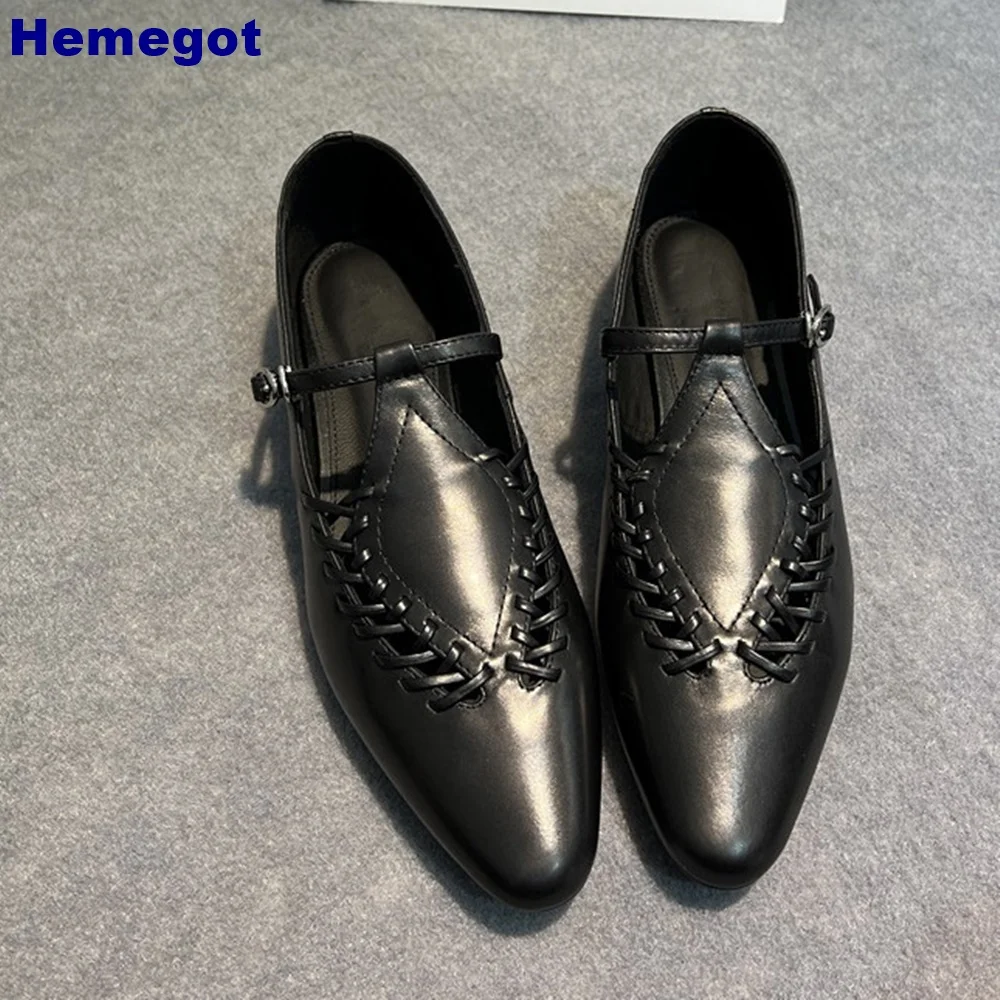 Pointed Toe Woven Leather Roman Shoes 2024 Summer Casual Shallow Buckle Comfort Flat Shoes Black Fashion Women Pumps