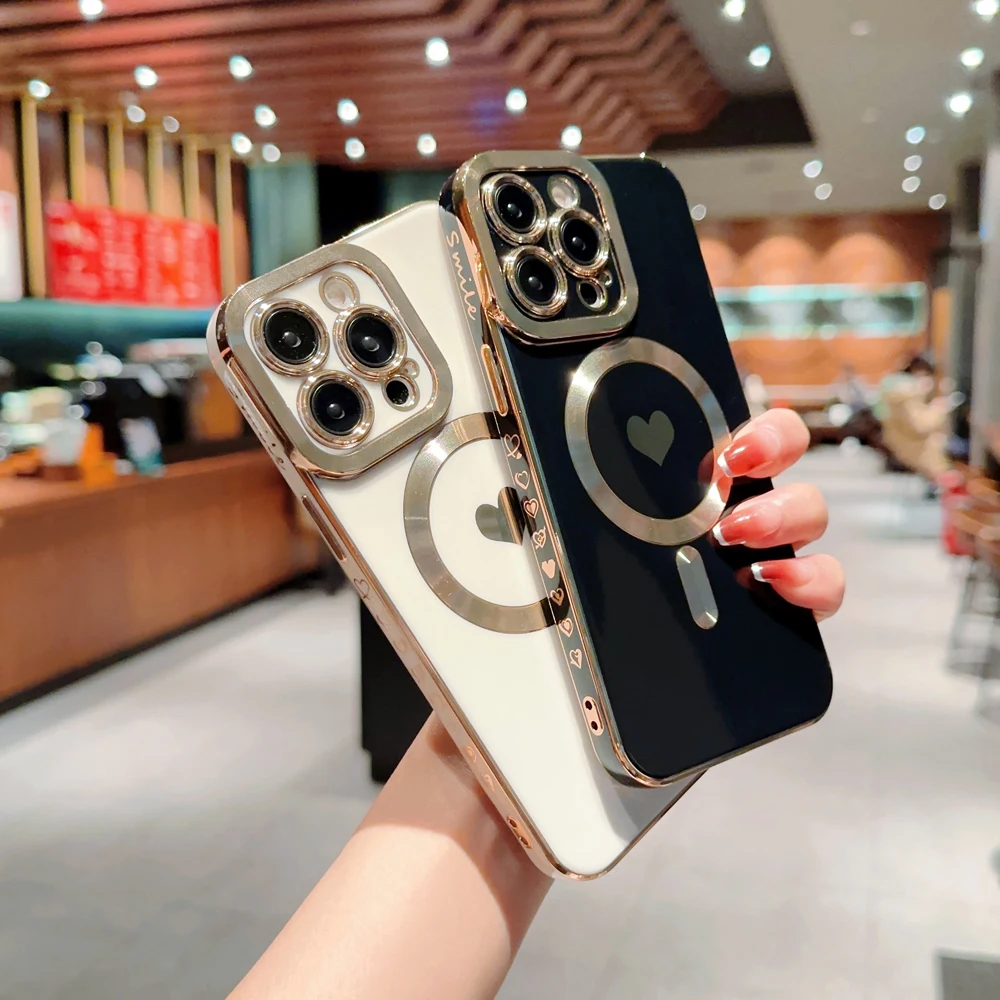 Magnetische Liebe Herz Handyhülle für iPhone 13 14 12 11 Pro Max 14 Plus 7 8 Plus XS Max für kabelloses Laden Soft Case Cover_voghion.com