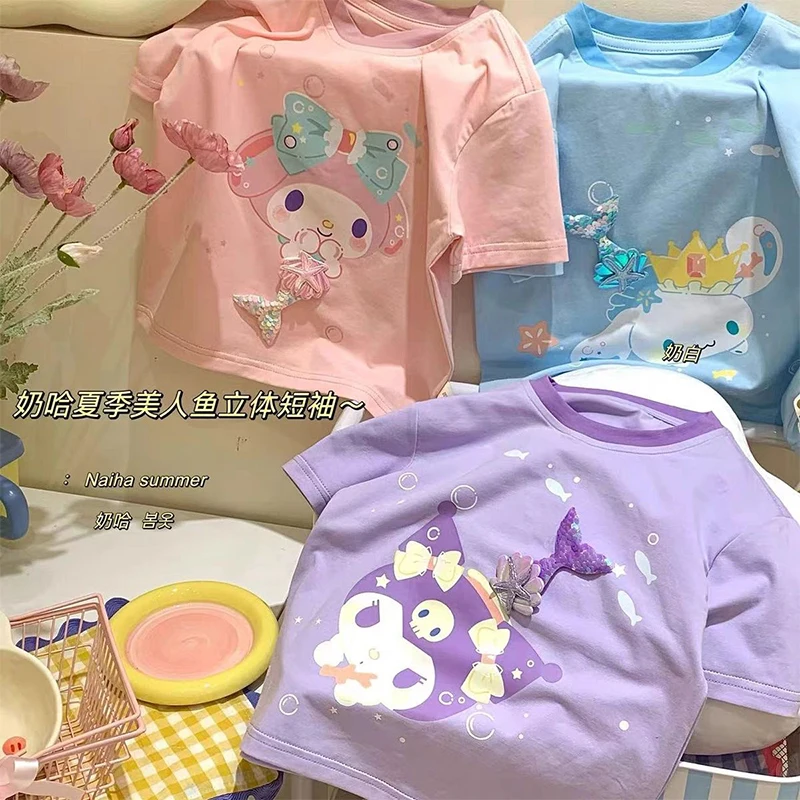 

2024 Sanrio Kawaii Kuromi My Melody Three-Dimensional T-Shirt Summer Sweet Cute Cartoon Cinnamoroll Cotton Tops Gift for Kid