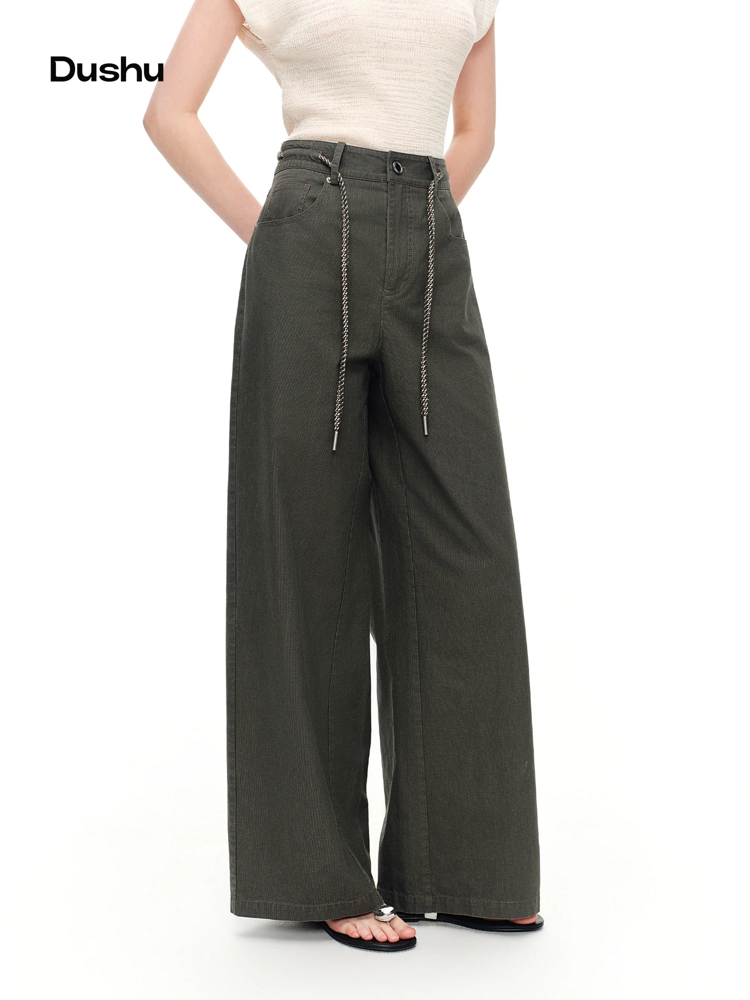 DUSHU 2026 Summer Women's Vintage Wash High Waist Straight Leg Pants with Tie Detail - Elegant Versatile Trousers for Casual