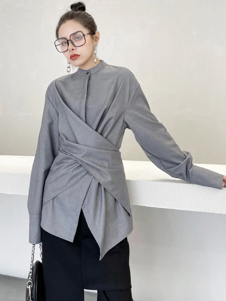 

Women Gray Irregular Knot Big Size Blouse New Stand Collar Long Sleeve Loose Fit Shirt Fashion Spring Autumn O005
