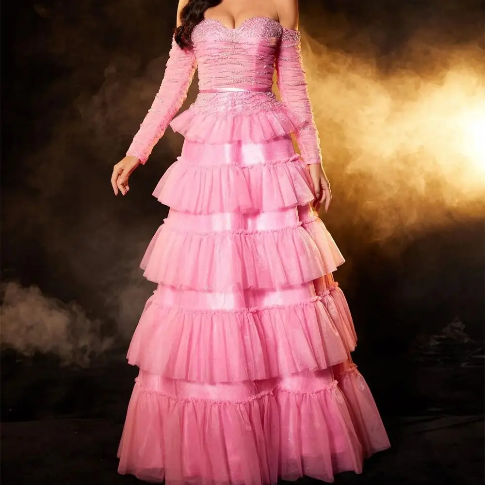 

Sweet A-line Prom Gown Tiered Pleats Off Shoulder Sweetheart Beaded Backless Women's Gorgeous Floor Length Party Dress